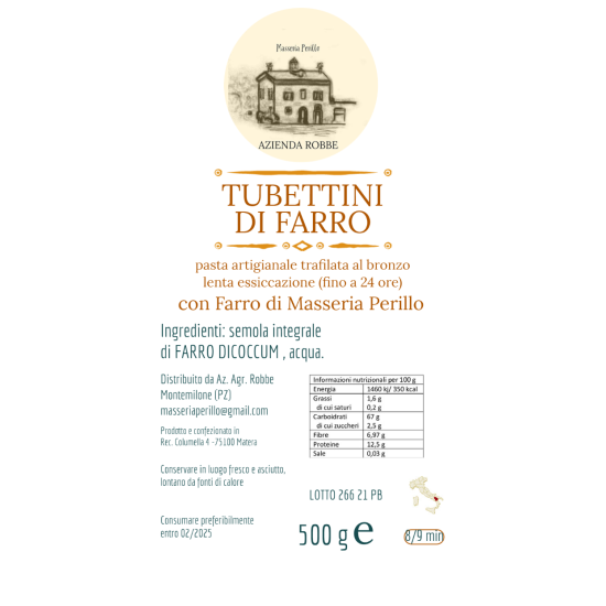 Pasta artigianale integrale di farro - tubettini rigati - 8kg (16 confezioni)