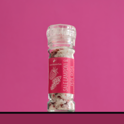 Sale aromatizzato ai lamponi e pepe rosa con macinino